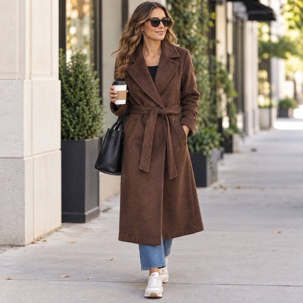 NWT Nine West Women's Small Brown Belted Long Coat Pockets Classic Chic NEW